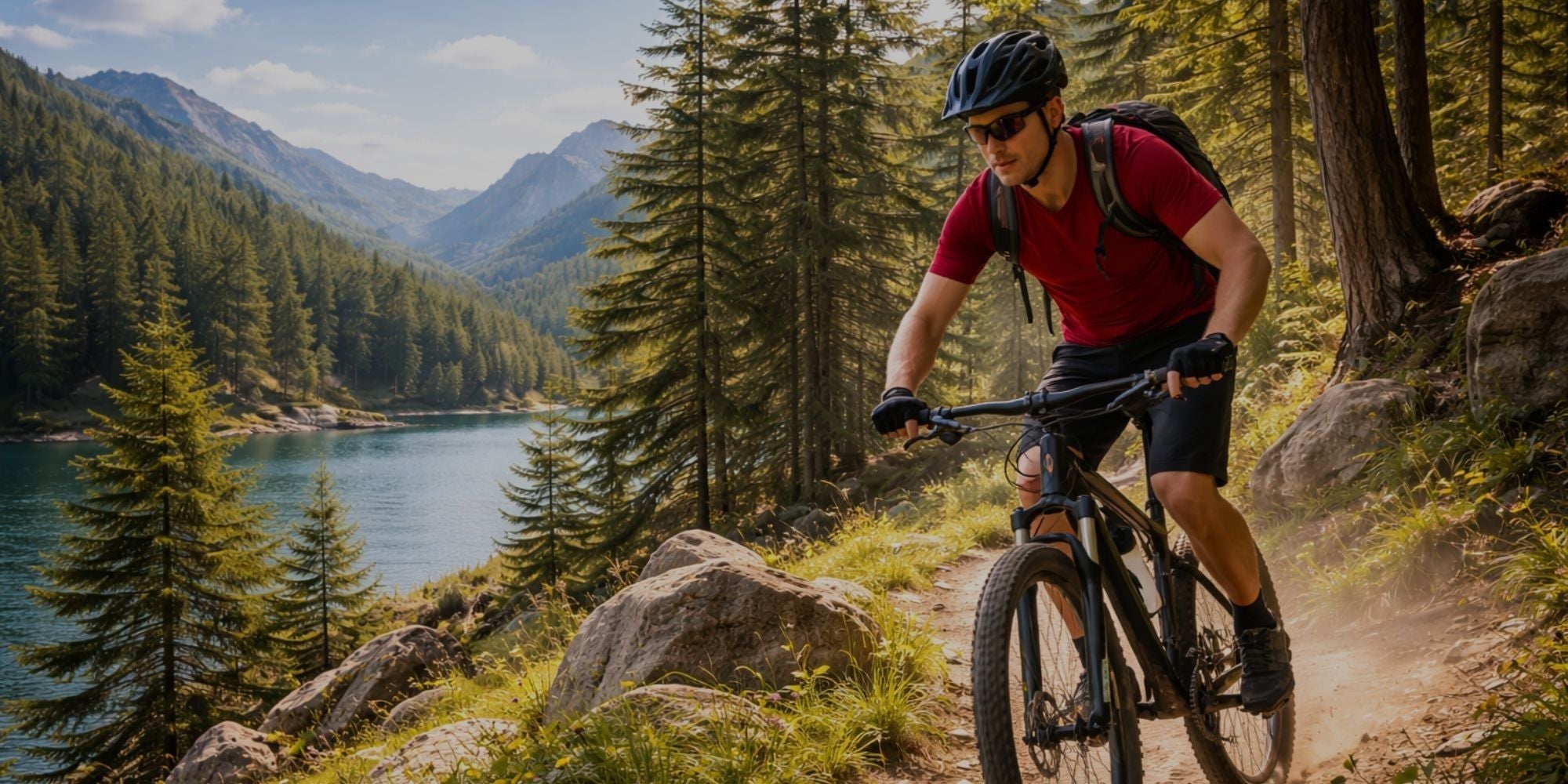 Man riding a bicycle on a trail with a scenic view of a lake and mountains.