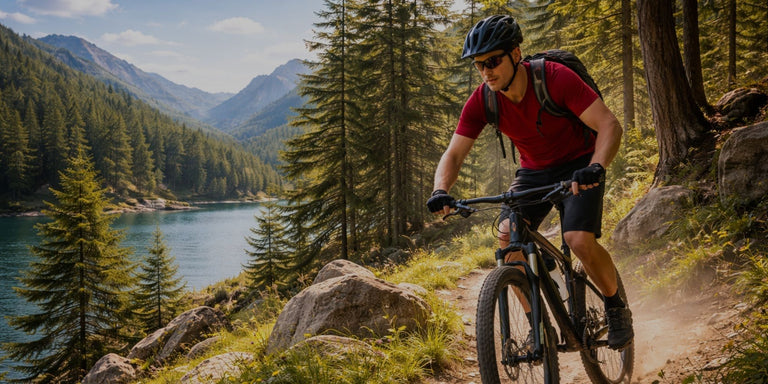 Man riding a bicycle on a trail with a scenic view of a lake and mountains.