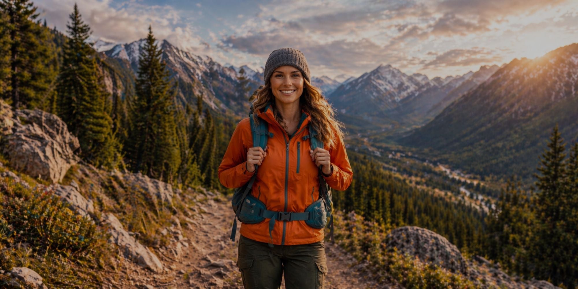 Woman in an orange jacket standing on a mountain trail with a scenic view of mountains and trees.